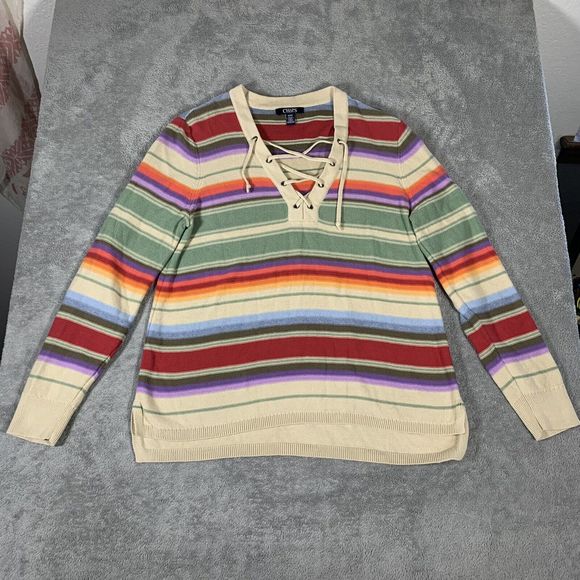 Chaps Rainbow Colorful Striped Knit Sweater Size Medium Women’s - Picture 2 of 11